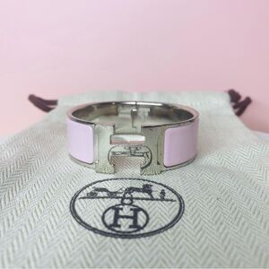 HERMES Cert of Auth Pink Enamel & Silver Clic-Clac H GM Wide Bracelet